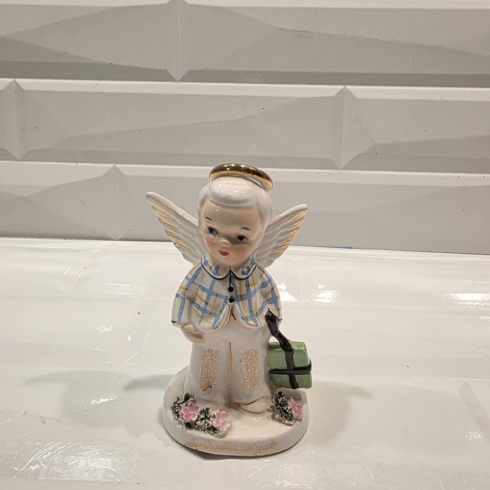Napco September Birthday Boy Angel Off To School 4.25"‎ Figurine Vintage 1956